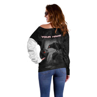 Personalized Raven Billiards Off Shoulder Sweater with Dark Cemetery Scene and Red Eye Crow Artwork - Wonder Print Shop