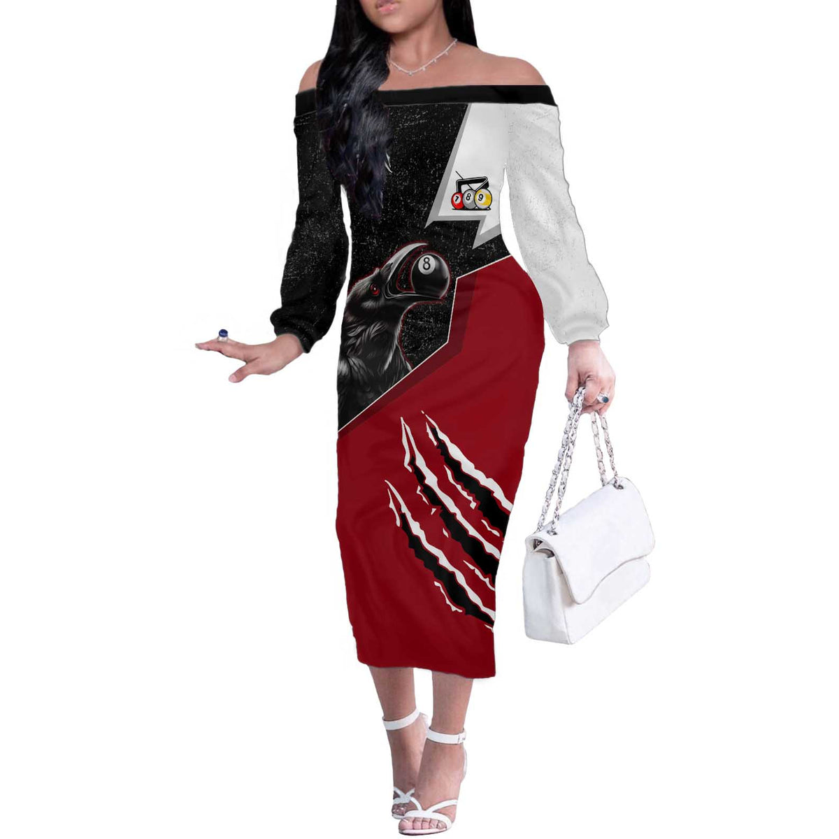 Personalized Raven Billiards Off The Shoulder Long Sleeve Dress with Dark Cemetery Scene and Red Eye Crow Artwork - Wonder Print Shop