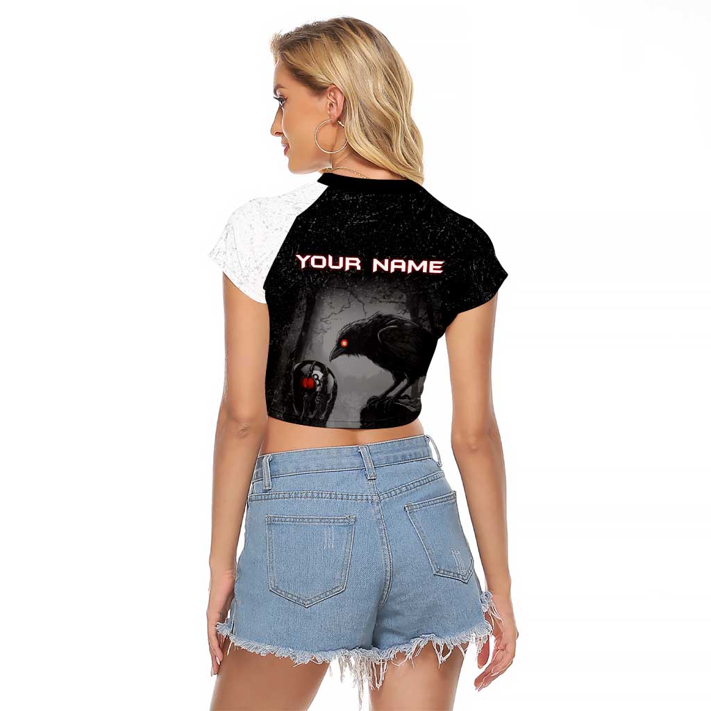 Personalized Raven Billiards Raglan Cropped T Shirt with Dark Cemetery Scene and Red Eye Crow Artwork - Wonder Print Shop