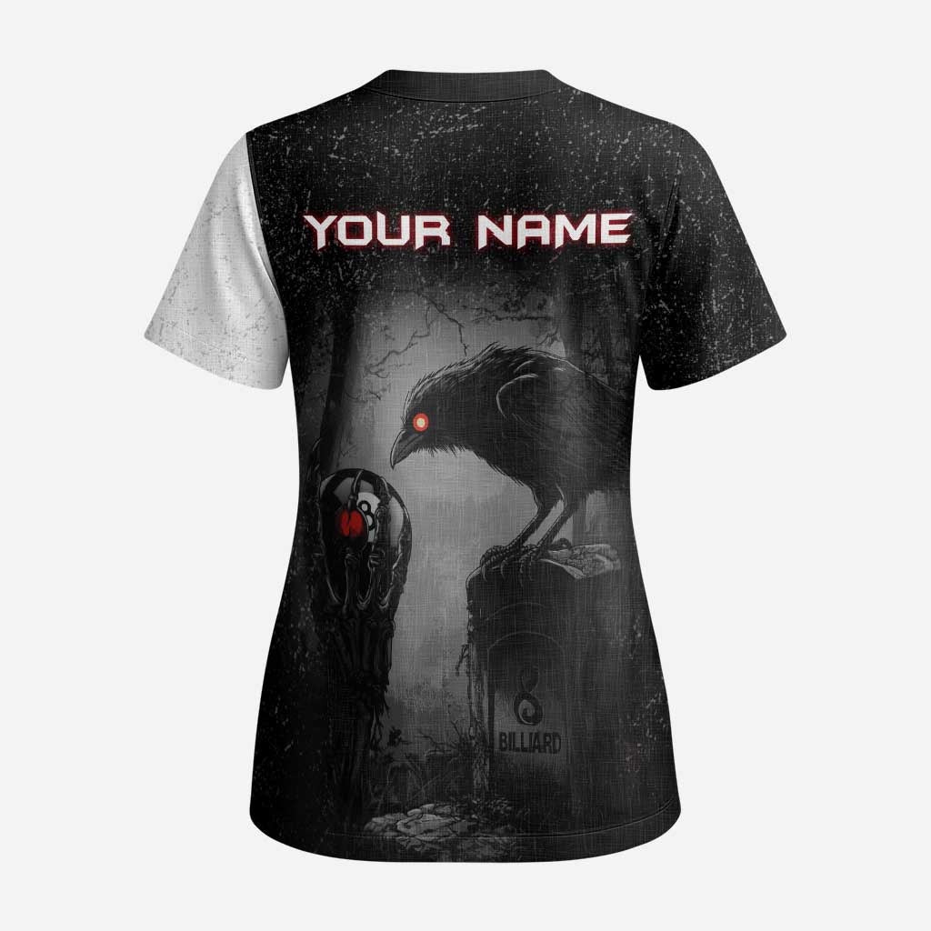 Personalized Raven Billiards Scrub Top with Dark Cemetery Scene and Red Eye Crow Artwork - Wonder Print Shop