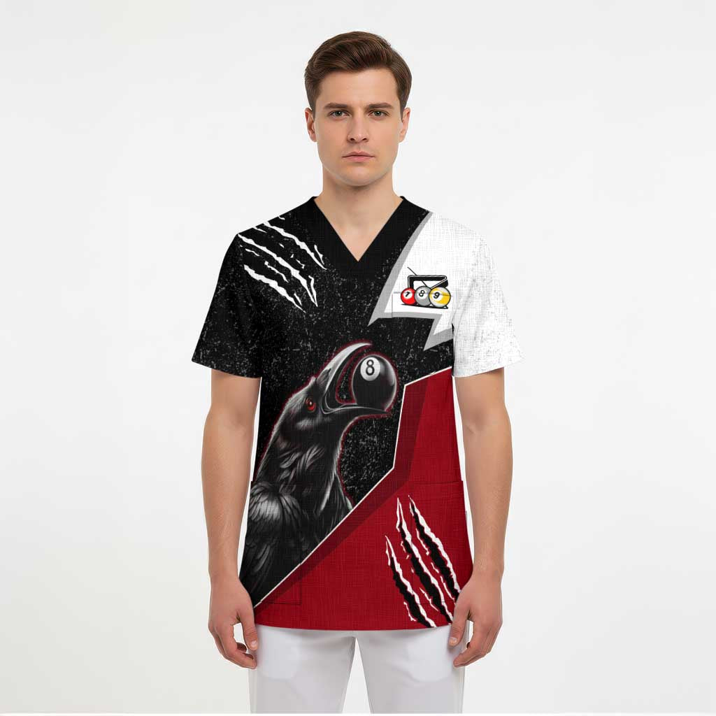 Personalized Raven Billiards Scrub Top with Dark Cemetery Scene and Red Eye Crow Artwork - Wonder Print Shop