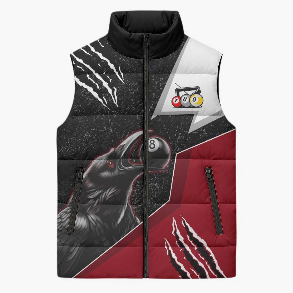 Personalized Raven Billiards Sleeveless Puffer Jacket with Dark Cemetery Scene and Red Eye Crow Artwork - Wonder Print Shop