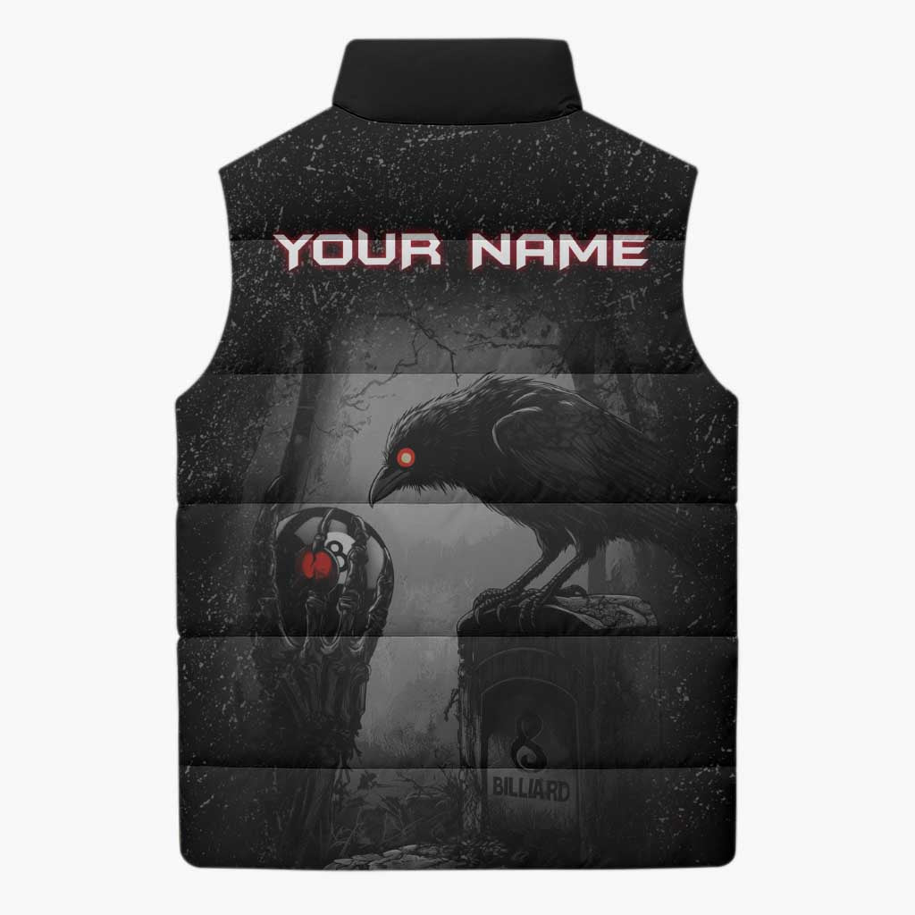 Personalized Raven Billiards Sleeveless Puffer Jacket with Dark Cemetery Scene and Red Eye Crow Artwork - Wonder Print Shop