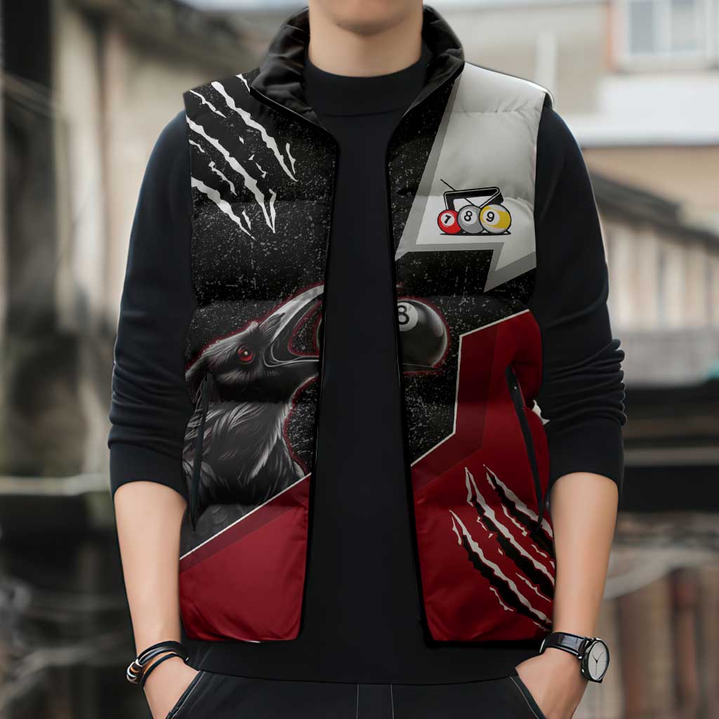 Personalized Raven Billiards Sleeveless Puffer Jacket with Dark Cemetery Scene and Red Eye Crow Artwork - Wonder Print Shop