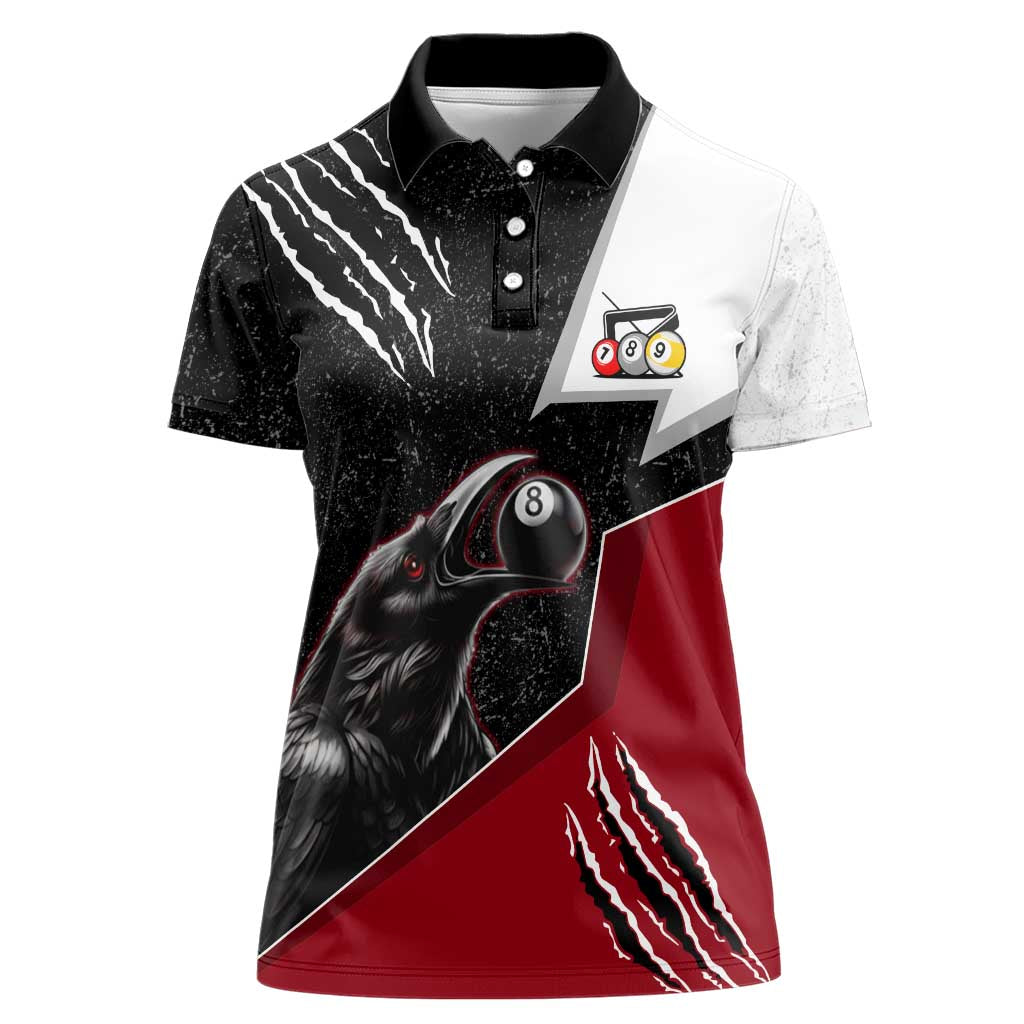 Personalized Raven Billiards Women Polo Shirt with Dark Cemetery Scene and Red Eye Crow Artwork - Wonder Print Shop