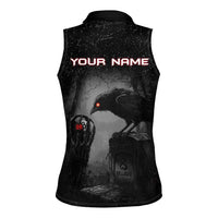 Personalized Raven Billiards Women Sleeveless Polo Shirt with Dark Cemetery Scene and Red Eye Crow Artwork - Wonder Print Shop