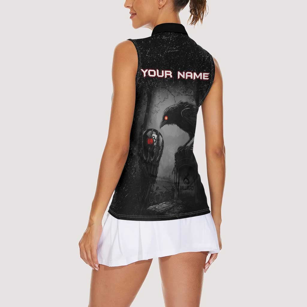 Personalized Raven Billiards Women Sleeveless Polo Shirt with Dark Cemetery Scene and Red Eye Crow Artwork - Wonder Print Shop