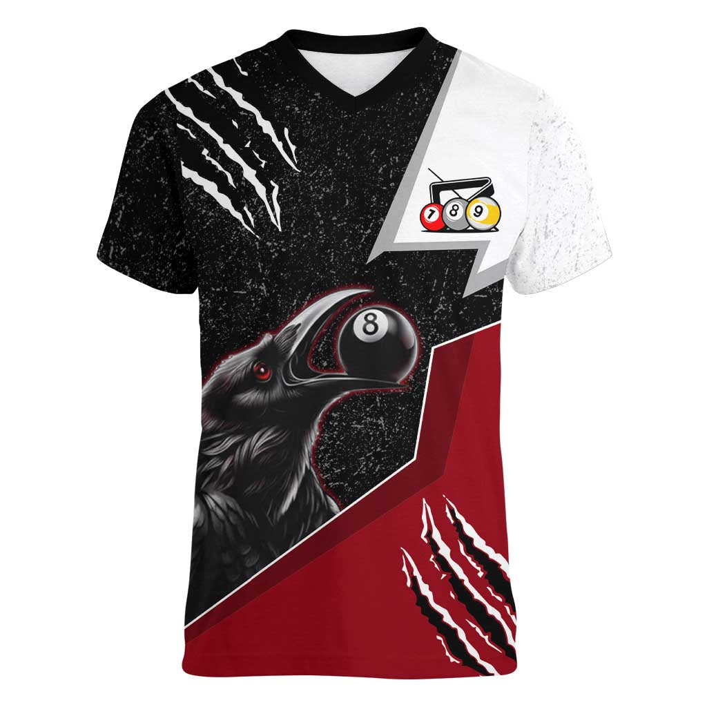 Personalized Raven Billiards Women V-Neck T-Shirt with Dark Cemetery Scene and Red Eye Crow Artwork - Wonder Print Shop