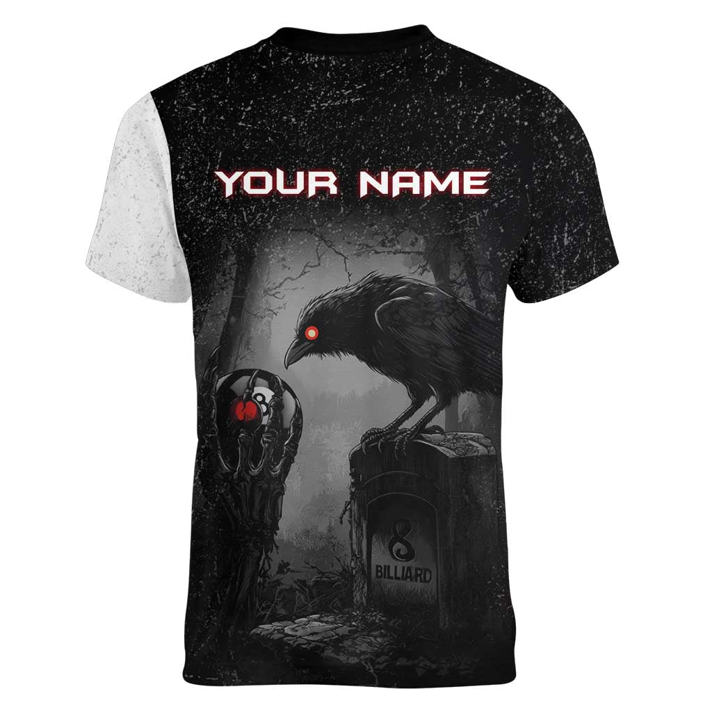 Personalized Raven Billiards Women V-Neck T-Shirt with Dark Cemetery Scene and Red Eye Crow Artwork - Wonder Print Shop