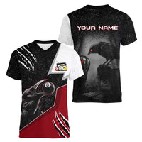 Personalized Raven Billiards Women V-Neck T-Shirt with Dark Cemetery Scene and Red Eye Crow Artwork - Wonder Print Shop