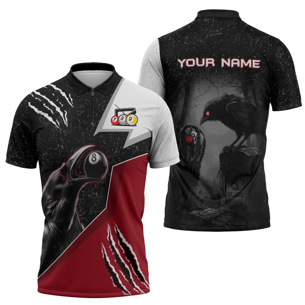 Personalized Raven Billiards Zipper Polo Shirt with Dark Cemetery Scene and Red Eye Crow Artwork - Wonder Print Shop
