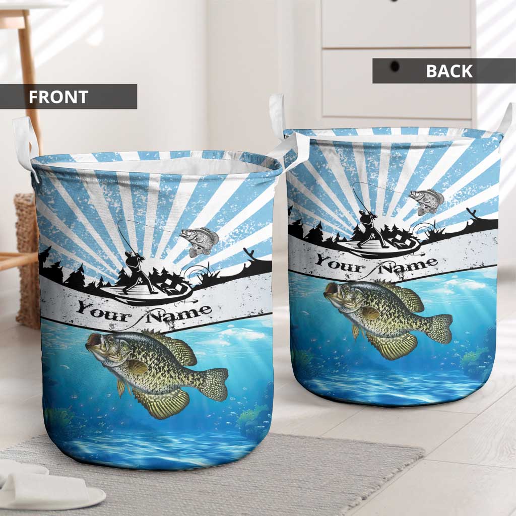 Personalized Crappie Fishing Laundry Basket with Lake Water Splash Scene and Sunrise Silhouette Angler Design - Wonder Print Shop
