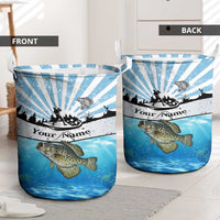 Personalized Crappie Fishing Laundry Basket with Lake Water Splash Scene and Sunrise Silhouette Angler Design - Wonder Print Shop