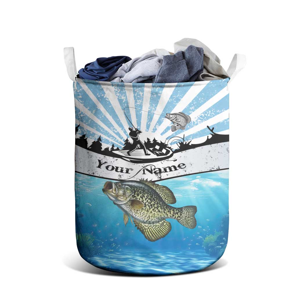 Personalized Crappie Fishing Laundry Basket with Lake Water Splash Scene and Sunrise Silhouette Angler Design - Wonder Print Shop