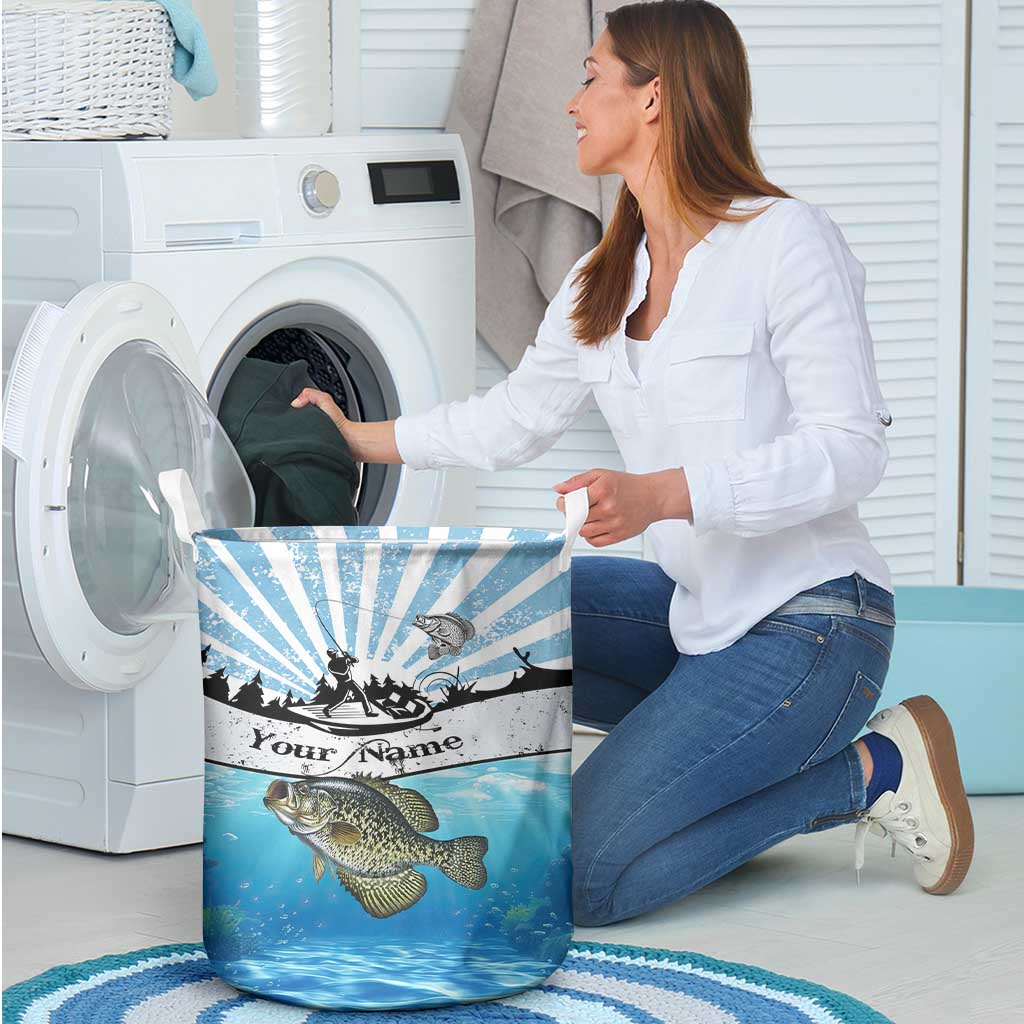 Personalized Crappie Fishing Laundry Basket with Lake Water Splash Scene and Sunrise Silhouette Angler Design - Wonder Print Shop