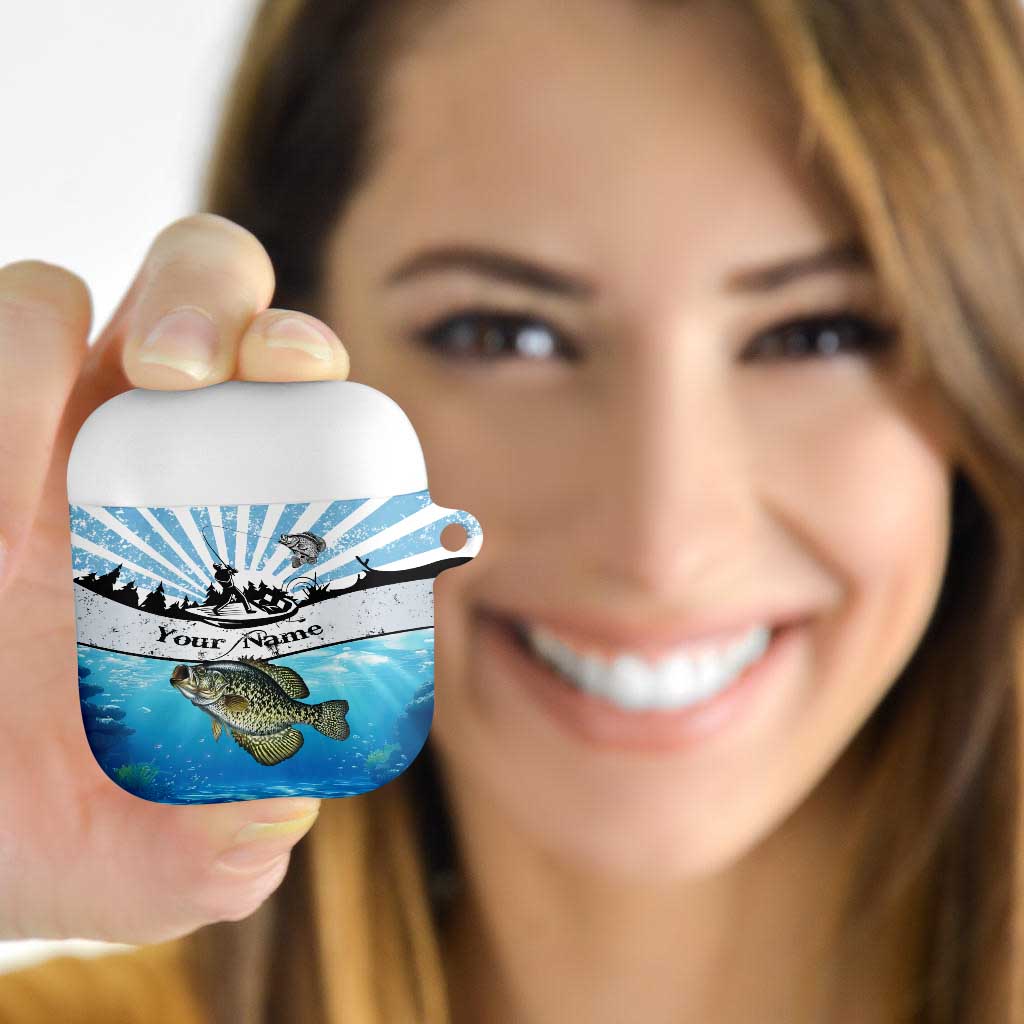 Personalized Crappie Fishing AirPods Case with Lake Water Splash Scene and Sunrise Silhouette Angler Design - Wonder Print Shop