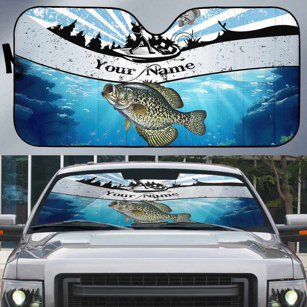 Personalized Crappie Fishing Auto Sun Shade with Lake Water Splash Scene and Sunrise Silhouette Angler Design - Wonder Print Shop