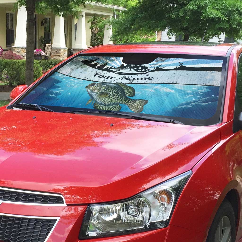 Personalized Crappie Fishing Auto Sun Shade with Lake Water Splash Scene and Sunrise Silhouette Angler Design - Wonder Print Shop