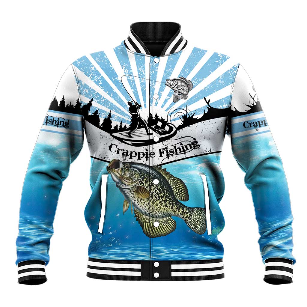 Personalized Crappie Fishing Baseball Jacket with Lake Water Splash Scene and Sunrise Silhouette Angler Design - Wonder Print Shop