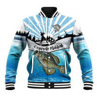 Personalized Crappie Fishing Baseball Jacket with Lake Water Splash Scene and Sunrise Silhouette Angler Design - Wonder Print Shop