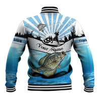 Personalized Crappie Fishing Baseball Jacket with Lake Water Splash Scene and Sunrise Silhouette Angler Design - Wonder Print Shop