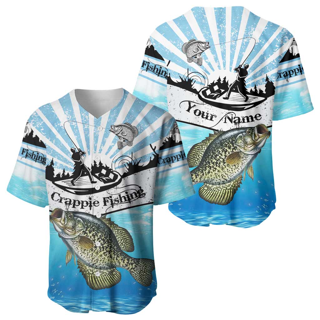 Personalized Crappie Fishing Baseball Jersey with Lake Water Splash Scene and Sunrise Silhouette Angler Design - Wonder Print Shop