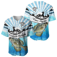 Personalized Crappie Fishing Baseball Jersey with Lake Water Splash Scene and Sunrise Silhouette Angler Design - Wonder Print Shop