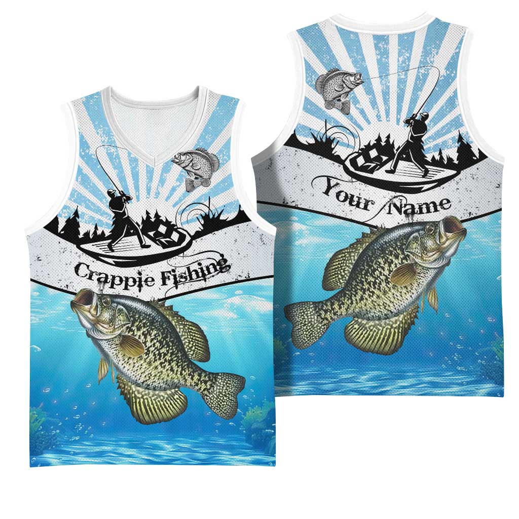 Personalized Crappie Fishing Basketball Jersey with Lake Water Splash Scene and Sunrise Silhouette Angler Design - Wonder Print Shop