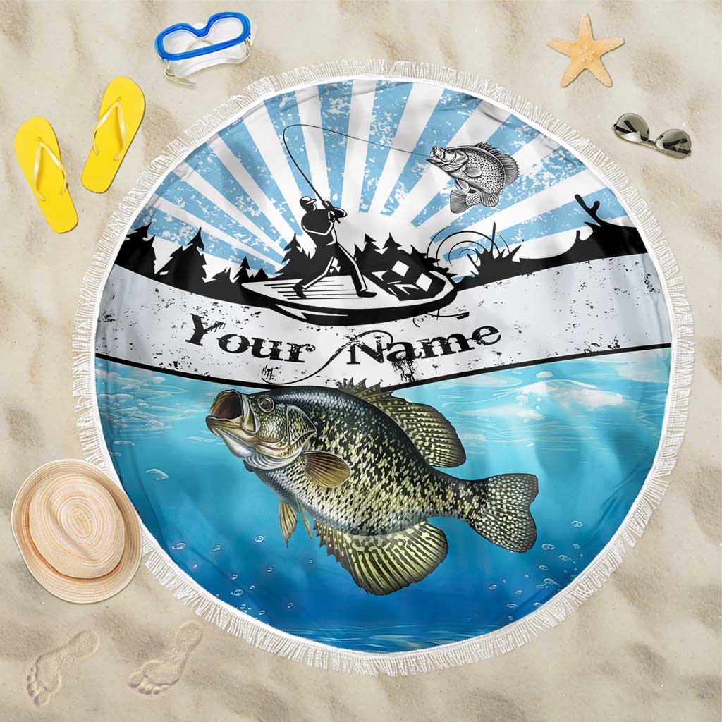 Personalized Crappie Fishing Beach Blanket with Lake Water Splash Scene and Sunrise Silhouette Angler Design - Wonder Print Shop