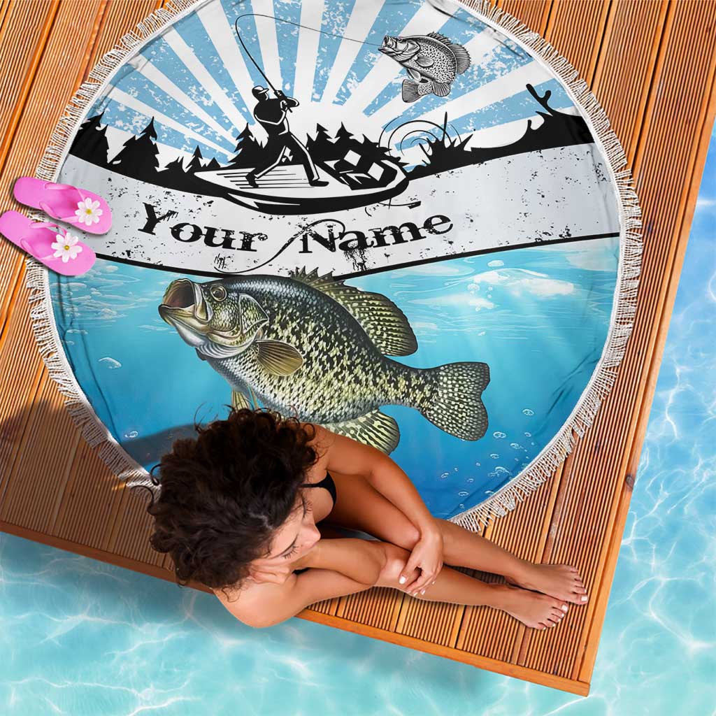 Personalized Crappie Fishing Beach Blanket with Lake Water Splash Scene and Sunrise Silhouette Angler Design - Wonder Print Shop