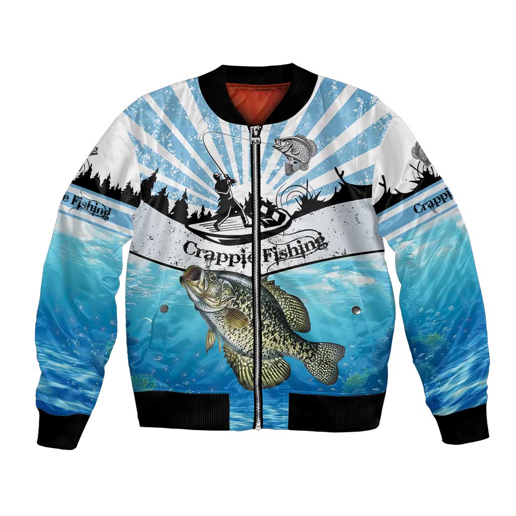 Personalized Crappie Fishing Bomber Jacket with Lake Water Splash Scene and Sunrise Silhouette Angler Design - Wonder Print Shop
