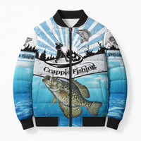 Personalized Crappie Fishing Bomber Puffer Jacket with Lake Water Splash Scene and Sunrise Silhouette Angler Design - Wonder Print Shop