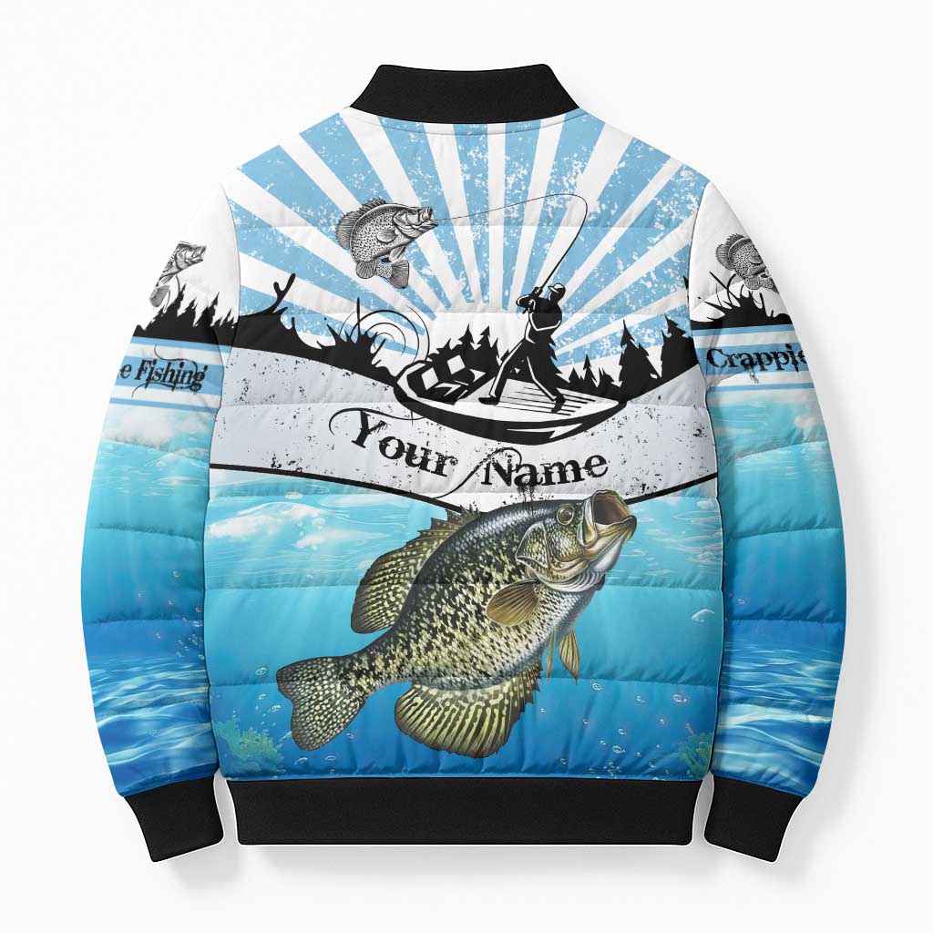 Personalized Crappie Fishing Bomber Puffer Jacket with Lake Water Splash Scene and Sunrise Silhouette Angler Design - Wonder Print Shop