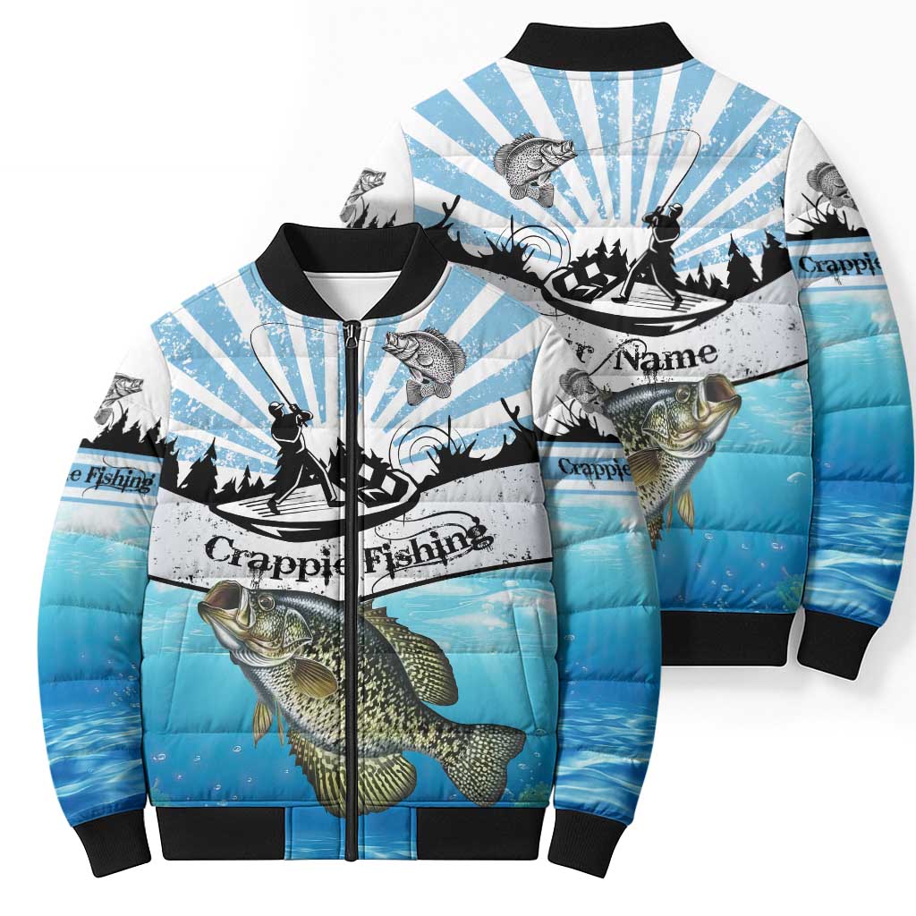 Personalized Crappie Fishing Bomber Puffer Jacket with Lake Water Splash Scene and Sunrise Silhouette Angler Design - Wonder Print Shop