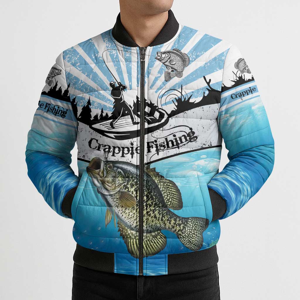 Personalized Crappie Fishing Bomber Puffer Jacket with Lake Water Splash Scene and Sunrise Silhouette Angler Design - Wonder Print Shop
