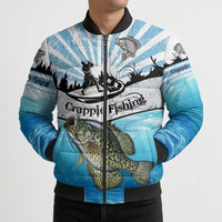 Personalized Crappie Fishing Bomber Puffer Jacket with Lake Water Splash Scene and Sunrise Silhouette Angler Design - Wonder Print Shop