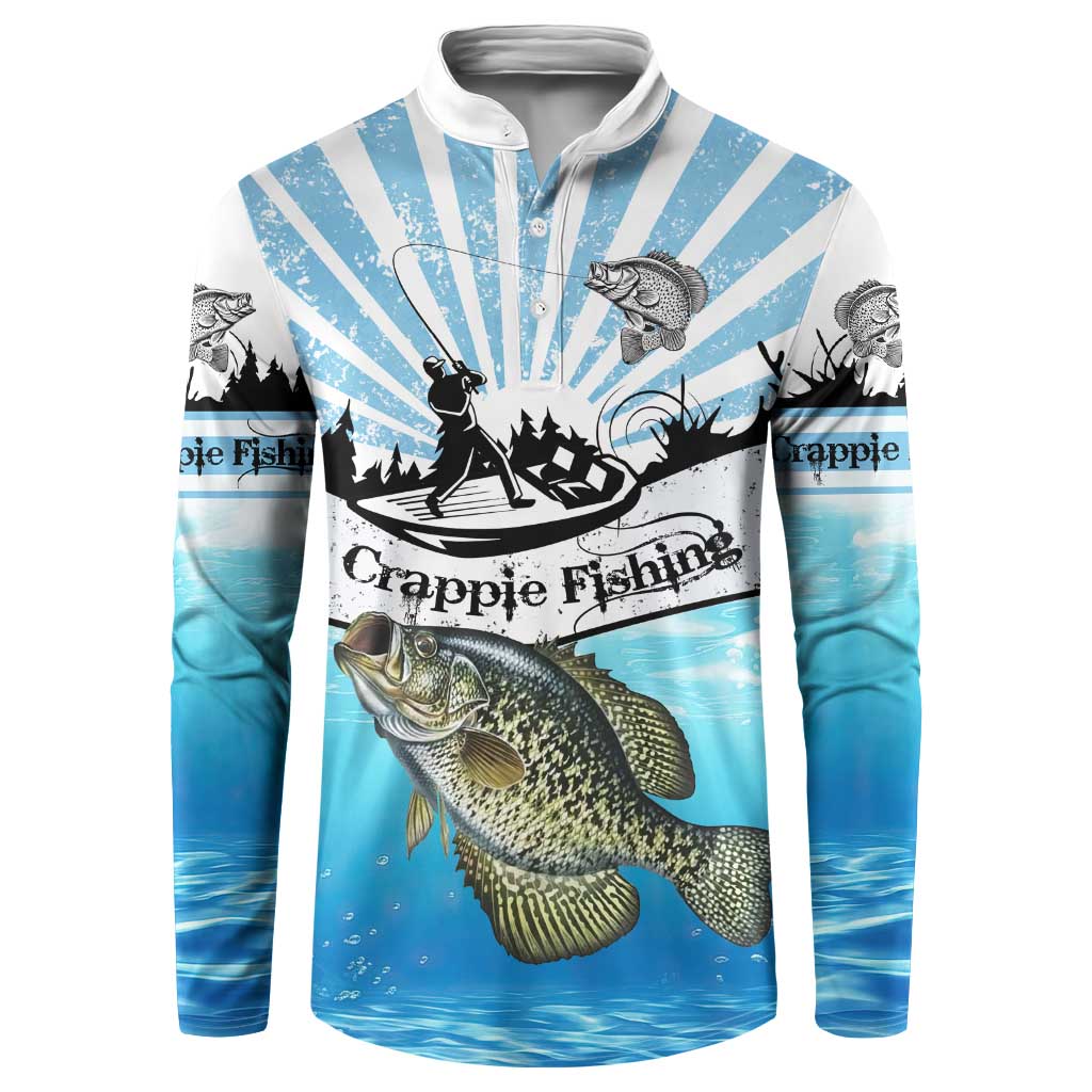 Personalized Crappie Fishing Button Sweatshirt with Lake Water Splash Scene and Sunrise Silhouette Angler Design - Wonder Print Shop