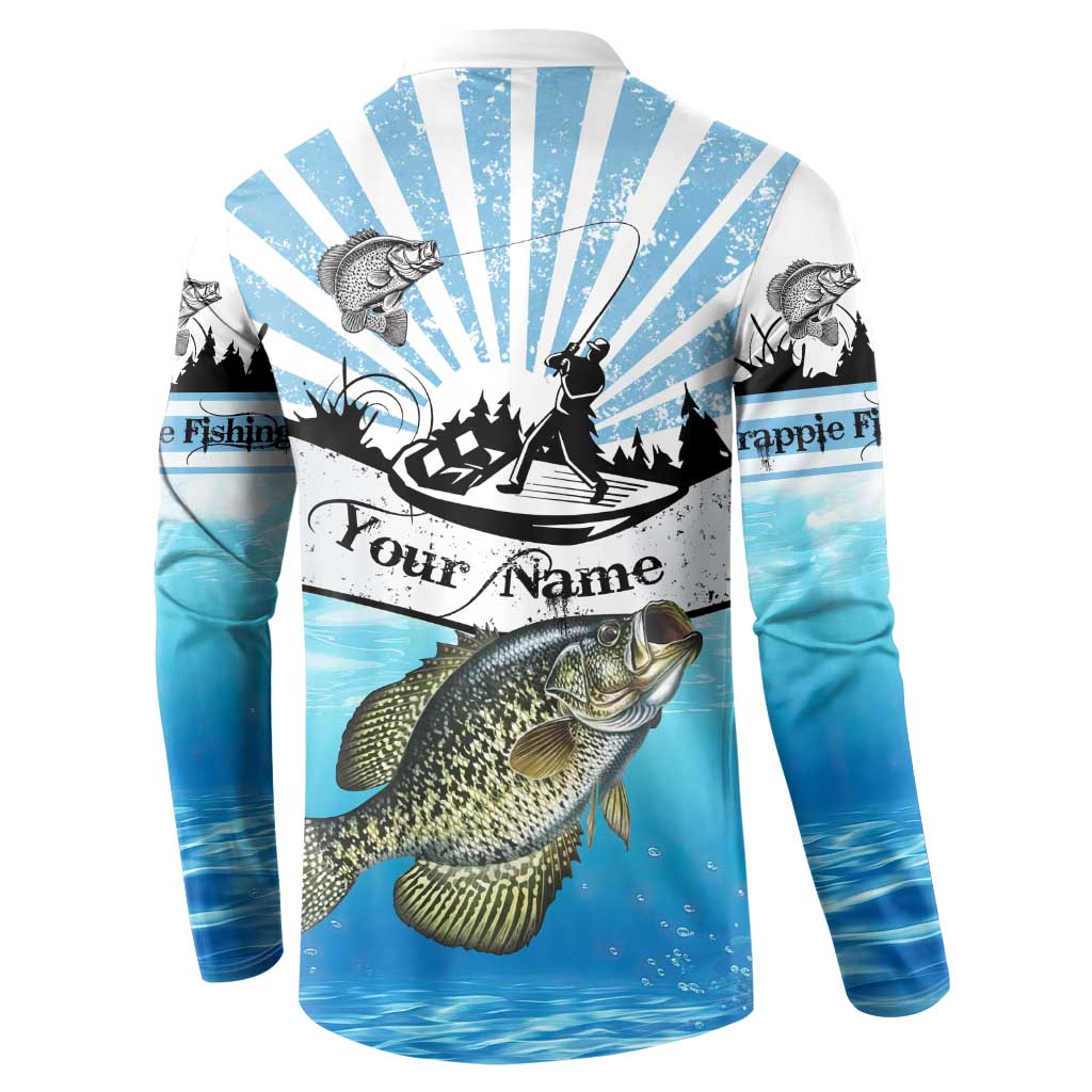 Personalized Crappie Fishing Button Sweatshirt with Lake Water Splash Scene and Sunrise Silhouette Angler Design - Wonder Print Shop