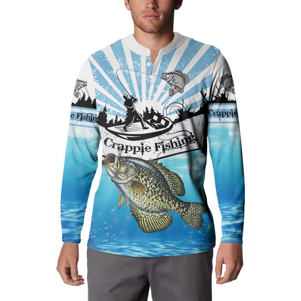 Personalized Crappie Fishing Button Sweatshirt with Lake Water Splash Scene and Sunrise Silhouette Angler Design - Wonder Print Shop