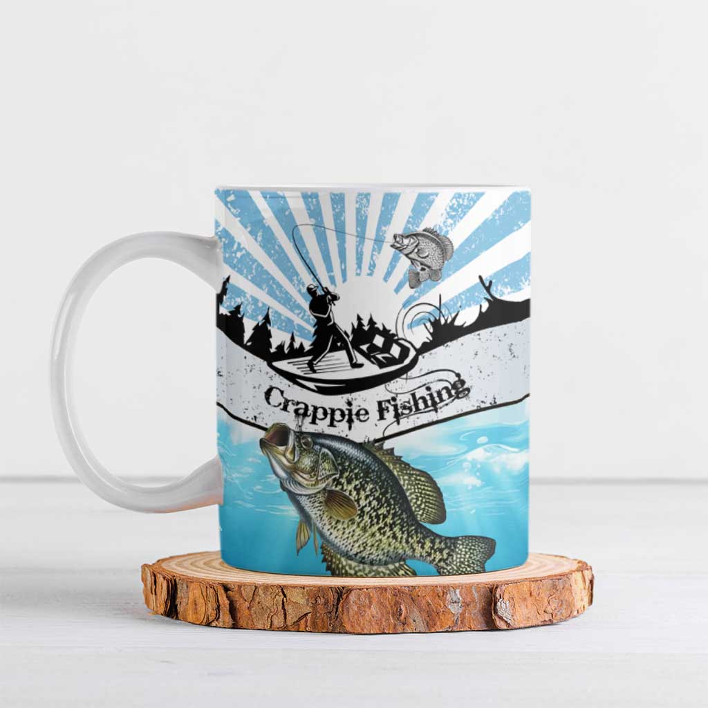 Personalized Crappie Fishing Ceramic Mug with Lake Water Splash Scene and Sunrise Silhouette Angler Design - Wonder Print Shop