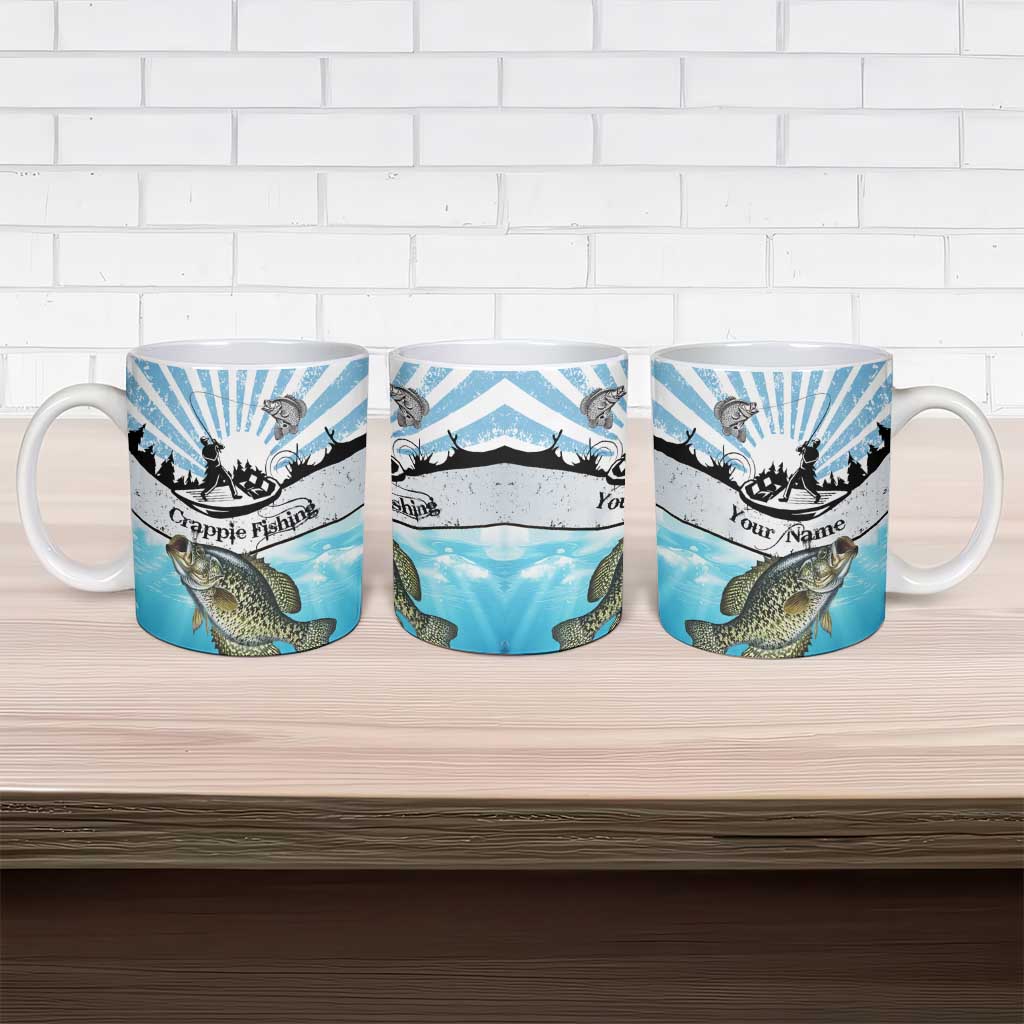 Personalized Crappie Fishing Ceramic Mug with Lake Water Splash Scene and Sunrise Silhouette Angler Design - Wonder Print Shop