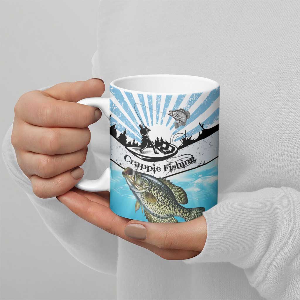 Personalized Crappie Fishing Ceramic Mug with Lake Water Splash Scene and Sunrise Silhouette Angler Design - Wonder Print Shop