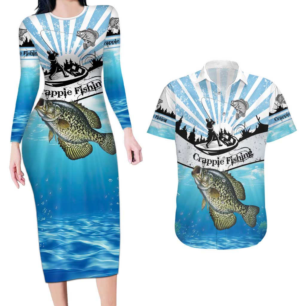 Personalized Crappie Fishing Couples Matching Long Sleeve Bodycon Dress and Hawaiian Shirt with Lake Water Splash Scene and Sunrise Silhouette Angler Design - Wonder Print Shop