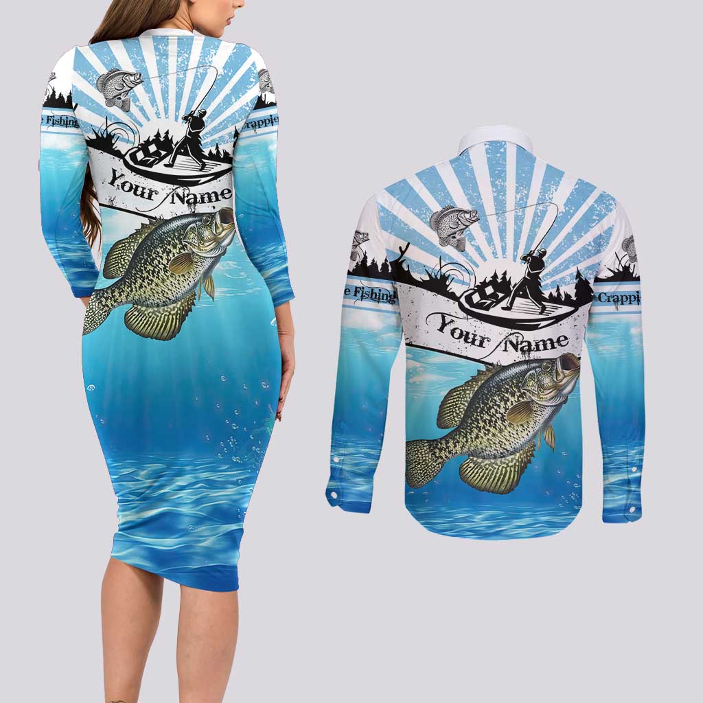 Personalized Crappie Fishing Couples Matching Long Sleeve Bodycon Dress and Long Sleeve Button Shirt with Lake Water Splash Scene and Sunrise Silhouette Angler Design - Wonder Print Shop