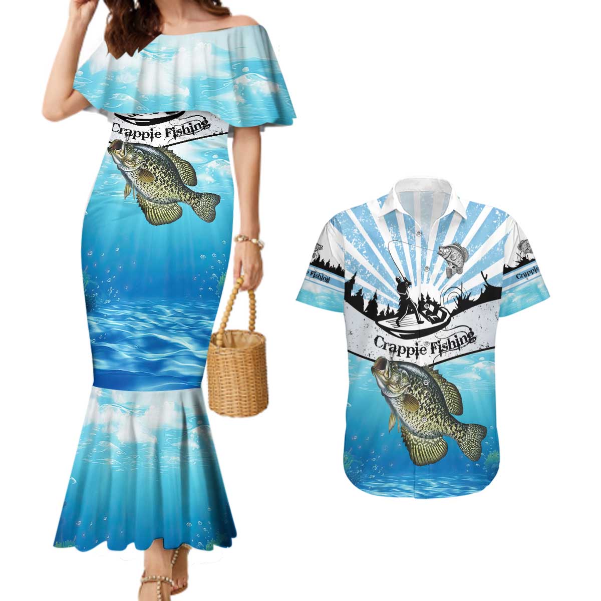 Personalized Crappie Fishing Couples Matching Mermaid Dress and Hawaiian Shirt with Lake Water Splash Scene and Sunrise Silhouette Angler Design - Wonder Print Shop