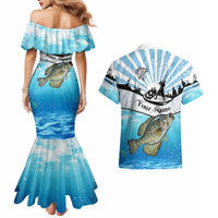 Personalized Crappie Fishing Couples Matching Mermaid Dress and Hawaiian Shirt with Lake Water Splash Scene and Sunrise Silhouette Angler Design - Wonder Print Shop
