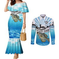 Personalized Crappie Fishing Couples Matching Mermaid Dress and Long Sleeve Button Shirt with Lake Water Splash Scene and Sunrise Silhouette Angler Design - Wonder Print Shop