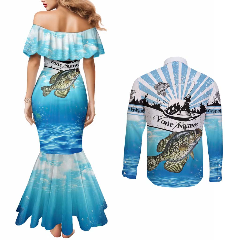 Personalized Crappie Fishing Couples Matching Mermaid Dress and Long Sleeve Button Shirt with Lake Water Splash Scene and Sunrise Silhouette Angler Design - Wonder Print Shop