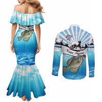 Personalized Crappie Fishing Couples Matching Mermaid Dress and Long Sleeve Button Shirt with Lake Water Splash Scene and Sunrise Silhouette Angler Design - Wonder Print Shop