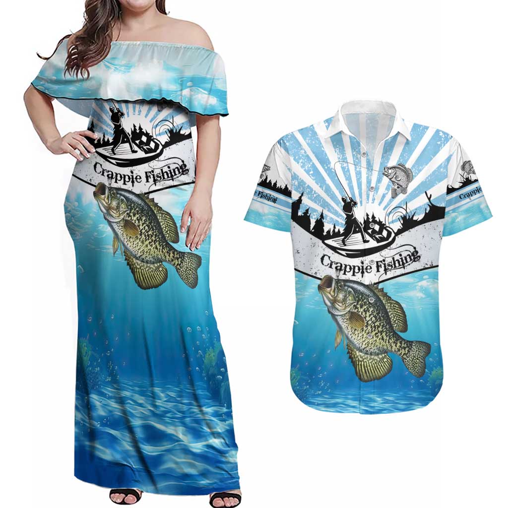 Personalized Crappie Fishing Couples Matching Off Shoulder Maxi Dress and Hawaiian Shirt with Lake Water Splash Scene and Sunrise Silhouette Angler Design - Wonder Print Shop